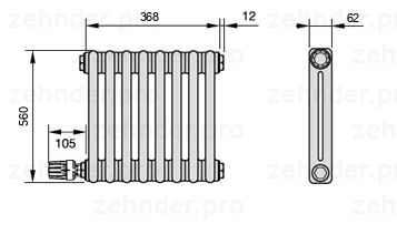 Схема (чертеж) Радиатор Zehnder Charleston 2056/8 №V004 Белый глянцевый RAL 9016